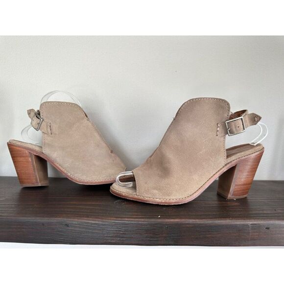 Frye Courtney Ash Tan Suede Heels Open Toe Sandals Women Sz 10 - Picture 2 of 8